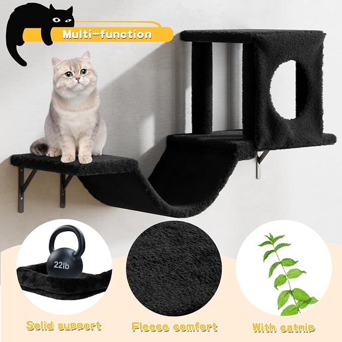 NUNU LAB Wall Mounted Cat Furniture Set - 6 Pcs Climber Set with House, Bridge, Steps, Scratcher Board - DIY Walls Playground, Indoor Cat Shelves - Black - Image 6