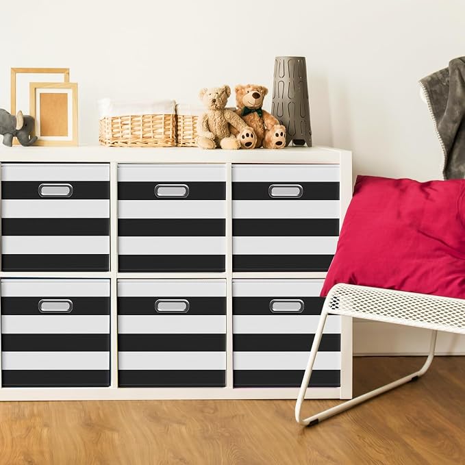 CroBlissful 11 Inch 6 Pack Fabric Storage Cubes with Metal Handles, Back to School Collapsible Organizer Bins for Classroom, Closet, Student Room, Toys and School Supplies (Black and White) - Image 2
