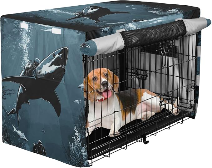 Dog Crate Cover Kennel Cover for Dog Cages Breathable for Wire Cage Indoor Outdoor Shark Scuba Diver Sea Ocean Blue - Image 2
