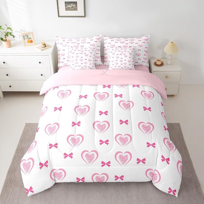 Erosebridal 7 Piece Heart Pattern Queen Bedding Set,Kawaii Pink Bowknot Kids Comforter Set for Girls Boys,Valentine Bow Love Heart Shaped Sheet Set,Dreamy Princess Style Reversible Bed in a Bag - Image 2