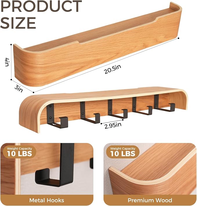 Coat Rack Wall Mount with Shelf Entryway Shelf Modern Key Holder Hanger Wall Shelves with Hidden Hooks for Hanging Towels Coats Hats Bags for Hallway Bathroom Bedroom (Oak, 5 Hooks) - Image 2