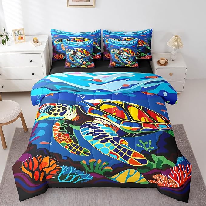 Erosebridal Sea Turtle King Size Comforter Set with Sheets, Ocean Life Bed in A Bag for Kids Teens Youth Adults Bedroom, Underwater World Sea Animal 7 Pcs Bedding Set, Watercolour Coral Bed Sets - Image 3