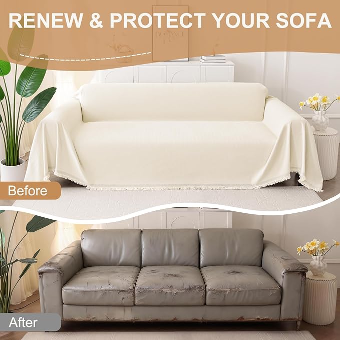 Smiry Couch Cover for Dogs, Chenille Sofa Covers for 3 Cushion Couch | Washable Soft Sofa Slipcover for Pets, Thick Sectional Furniture Protector with Tassels (Beige, 88.5x118 Inch) - Image 8