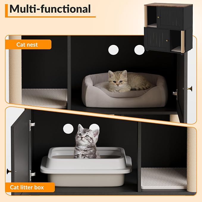 Litter Box Cabinet, Hidden Cat Litter Box Furniture with Dual Compartments, Odor Control & Scratch-Resistant Panels, Compact Enclosure for Multiple Cats, White Black Grey - Image 3
