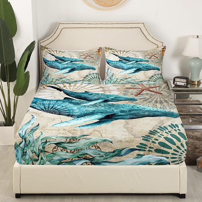 Erosebridal Ocean Whale Sheet Set Kids Boys Girls Nautical Bedding Children Coastal Sea Animal Bed Sheets Set, Marine Animal Theme Bed Set - 4Pcs (1 Fitted +1 Flat+2 Pillowcases),King,Teal Brown - Image 3
