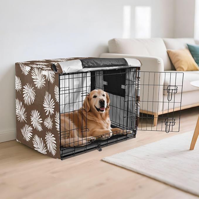 Dog Crate Cover Kennel Cover for Dog Cages Breathable for Wire Cage Indoor Outdoor Brown Palm Leaves01 - Image 6
