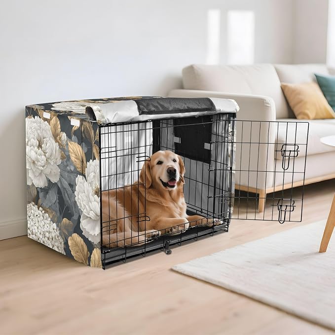 Dog Crate Cover Kennel Cover for Dog Cages Breathable for Wire Cage Indoor Outdoor White Peony Flower Golden Leaves Hydrangeas Black - Image 6