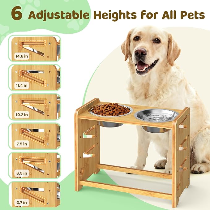 Elevated Dog Bowls, Adjustable Raised Dog Bowl Stand for Large and Medium Pet, 15" High Bamboo Pet Food Feeder with 2 Stainless Steel Dishes（6 Heights） - Image 2