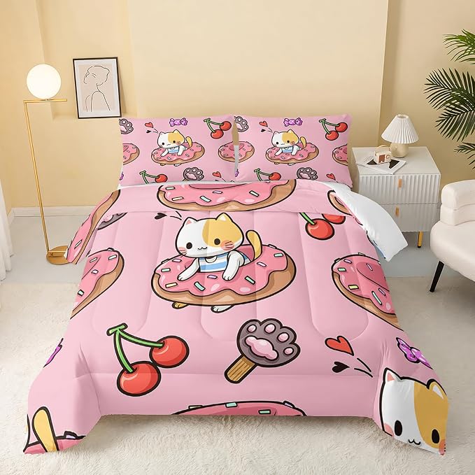 QOOMO Kawaii Cat Comforter Twin Size,Doughnut Cherry Cat Comforter Set for Kids Teens Girls,3Pcs Bedding Set Printed Comforter with 2 Pillowcases,Soft and Lightweight(Pink，Twin Size) by QOOMOHOME