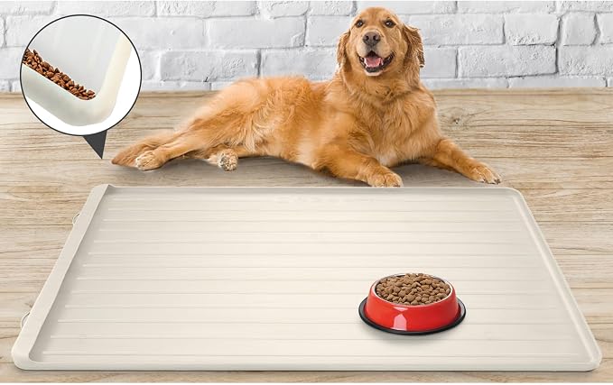 Dog mat for Food and Water - 39.4" x 27" Thickened Large Cat Food Mat | Waterproof Pet Bowl Mat with Residue Collection Pocket and High Edges to Prevent Water and Food Spills - Cream - Image 7