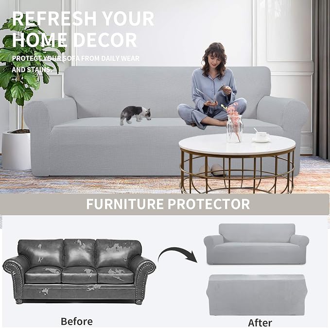 Easy-Going Stretch Oversized Loveseat Couch Covers Washable Silver Gray | 1-Piece Large Loveseat Cover for 2 Cushion Couch Furniture Protector RV Sofa Slipcover Soft with Bottom for Kids Pets - Image 4