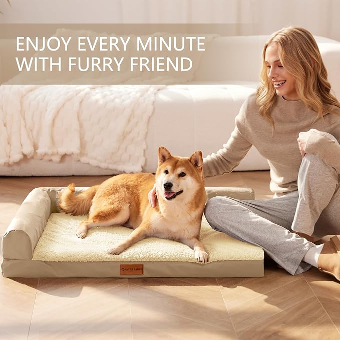 Patas Lague Orthopedic Large Dog Bed Pet Sofa Beds 48''X30''Beige | L Bolster Egg-Crate Foam Dog Couch For Large Sized Dogs, Waterproof Removable Washable Cover, Pet Mat with Nonskid Bottom - Image 3