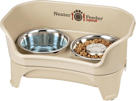 Neater Feeder - Express Model w/ Slow Feed Bowl - Mess-Proof Dog Bowls (M/L, Almond) Made in USA – Elevated, No Spill, Non-Tip, Non-Slip, Raised Stainless Steel Food/Water Pet Bowls Aid Digestion by NeaterPets