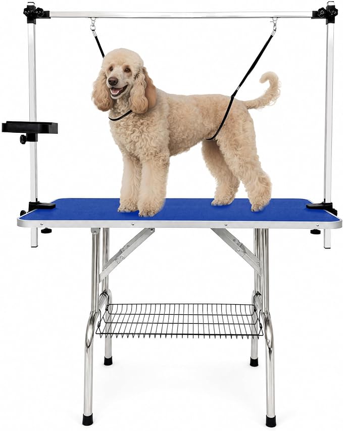 46'' Stainless Steel Dog Grooming Table, Foldable Pet Grooming Stand, Adjustable Arm, 2 Nooses & 2 Storage Baskets, Anti-Slip Top, Capacity, Medium Large Dog Cat Home Salon, Blue by BaoheDC