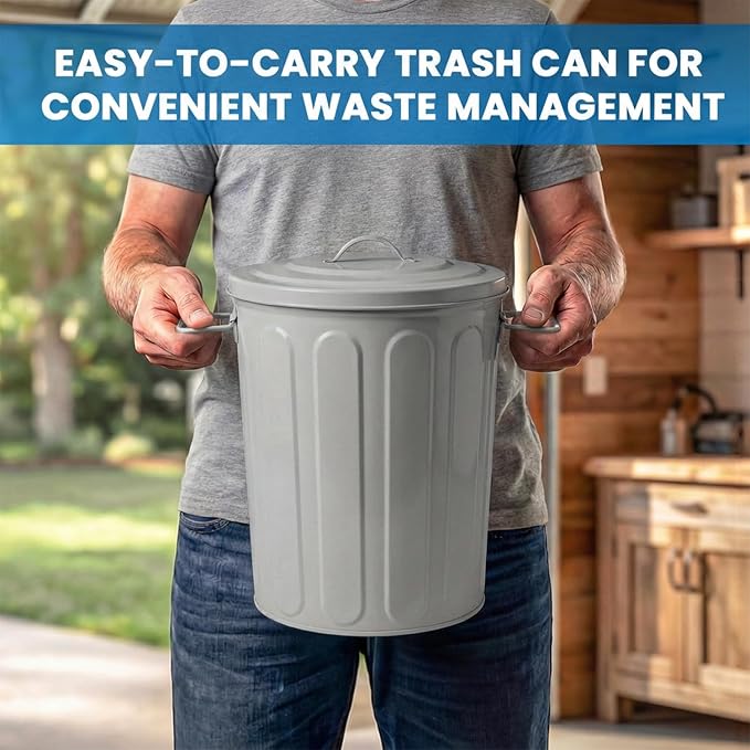 Plexon 5 Gallon Small Metal Trash Can with Lid Outdoor Galvanized Steel Bucket with Lid 5 Gal Storage Can for Dog Food Bird Seed Storage Container, Gray 2 Pack - Image 4