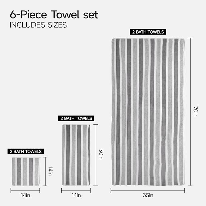REDKISS 6-Piece Microfiber Bath Towel Set, Ultra Soft, Highly Absorbent & Quick Dry, 35x70 Inch Oversized, Gray Towels for Bathroom, Spa, Gym, 2 Bath 2 Hand 2 Washcloths - Image 3