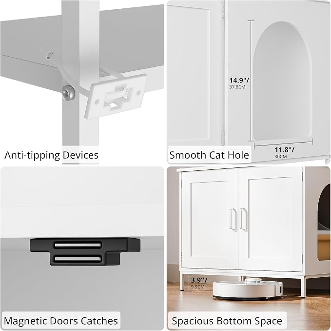 Cozy Castle Cat Litter Box Enclosure with Storage, 57'' Hidden Cat House Furniture, Wooden Cat Cabinet with Shelves & 4 S-Hooks, Indoor Cat Litter Box Organizer, White - Image 7