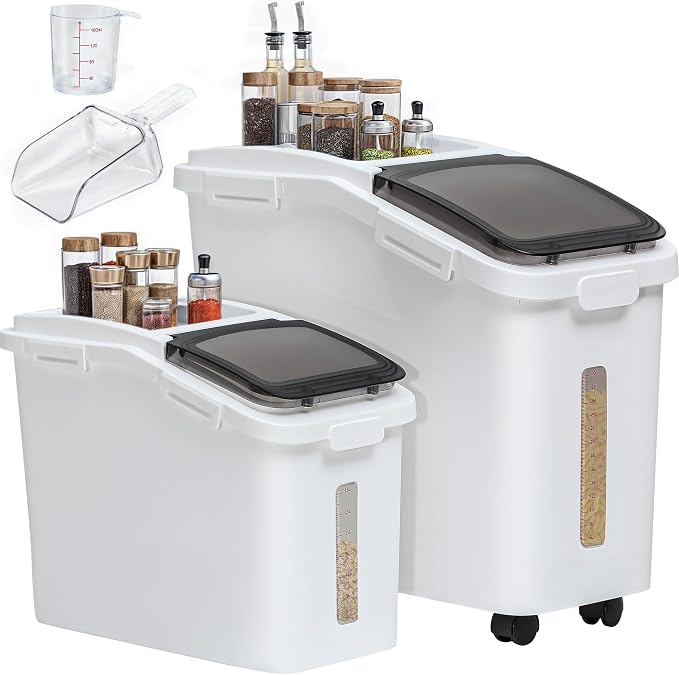 YITAHOME 65L/117lbs Large Ingredient Storage Bins, Commercial 11.4+5.8 Gal Rice Flour Storage Container, Organizer Storage Bin with Measuring Cup, Scoop and Wheels for Kitchen, White & Black Lid - Image 7