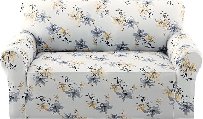 H.VERSAILTEX Printed Loveseat Covers for 2 Cushion Couch High Stretch Sofa Slipcover Soft Skin-Friendly Fabric Sofa Cover for Dogs Washable(Vintage Petal-Yellow,Loveseat) by HVERSAILTEX