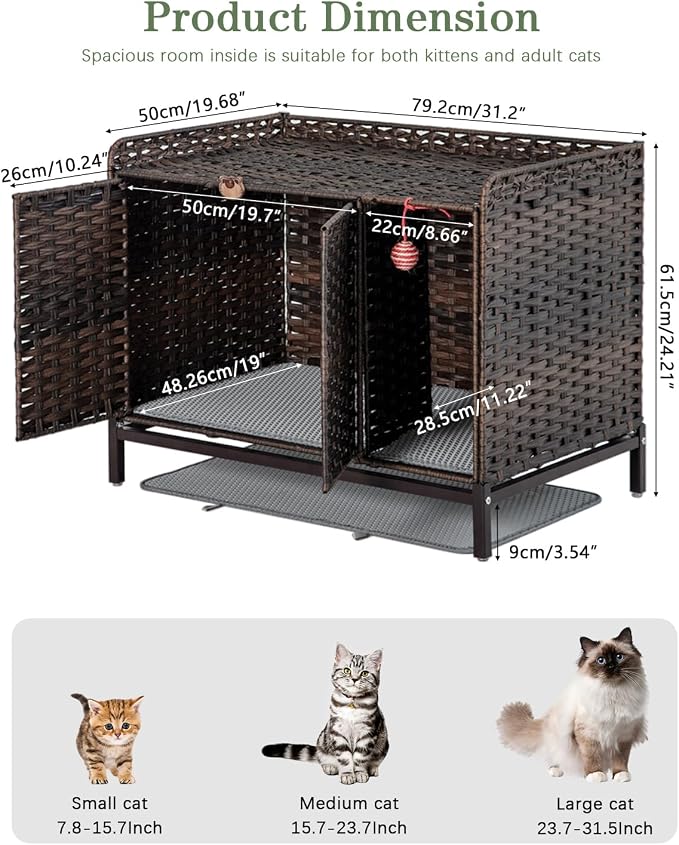 SETVSON Cat Litter Box Enclosure Furniture with Divider, Cat Cabinet, Brown | Handwoven PE Rattan with Soft Litter Mat, 3.54-In Heightened Metal Feet, Spacious & Comfortable, 31.2 x 19.6 x 24.2 In - Image 4