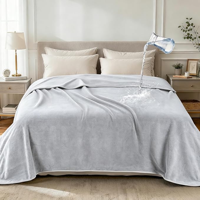 LOOBANI Waterproof Blanket for Bed Full/Queen, Reversible Leakproof 80"x90" | Light Grey, Soft Flannel & Coral Fleece Bed Blanket, Water Resistant for Couch Cover, Movie Nights, Camping, Pet-Friendly by LOOBANI