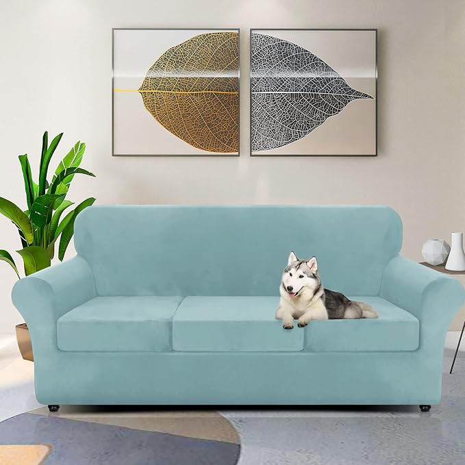 ZNSAYOTX Luxury Velvet Couch Cover 4 Piece (72"-92") Stretch Sofa Covers for 3 Cushion Couch Thick Soft Sofa Slipcover with Non Slip Strap, Dog Pet Friendly Nice Furniture Protector (Stone Blue) - Image 2