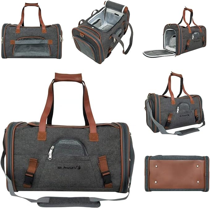 Mr. Peanut's Airline Approved Soft Sided Pet Carrier, Low Profile Gold Series Tote, Premium Brand Self Locking Zippers, Under Seat Compatibility, Plush Faux Fleece Bedding with a Sturdy Plywood Base