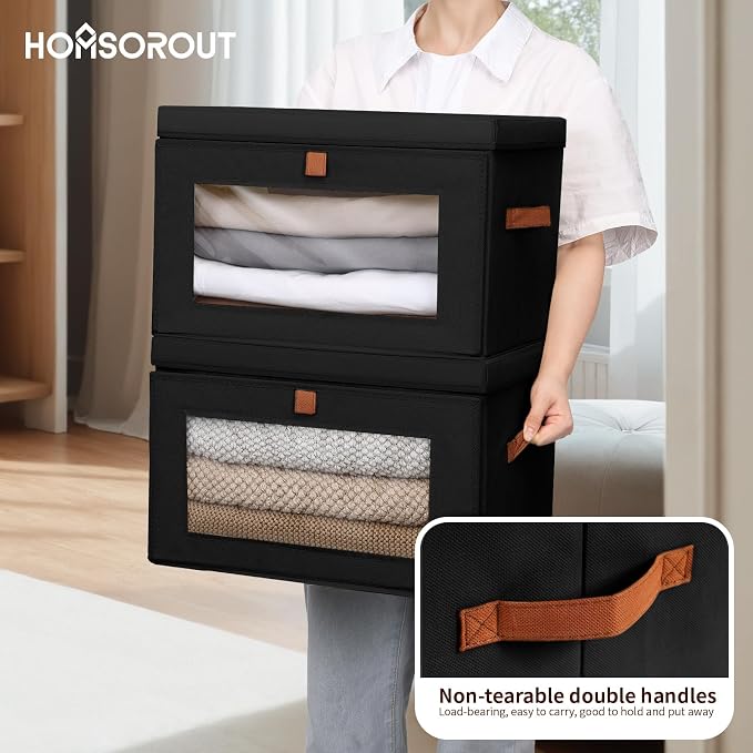 Homsorout Large Closet Storage Bins - Collapsible Clothes Organizer with Handles & Window, Decorative Boxes with Lids, Linen Closet Organizers for Living Room, Dorm, 8 Pack, Black - Image 5