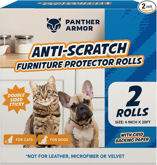 2 Rolls Cat Scratch Furniture Protector Tape – Double-Sided Sticky Training (4" x 20ft Each) – Anti-Scratch Sofa & Couch Guard – Clear, Easy to Apply & Remove – Not for Leather, Velvet, Microfiber by PantherArmor