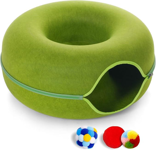 Large Cat Tunnel Bed for Indoor Cats with 3 Toys, Scratch Resistant Donut Cat Bed, Up to 30 Lbs (L 24x24x11, Green) by PLIISLUP