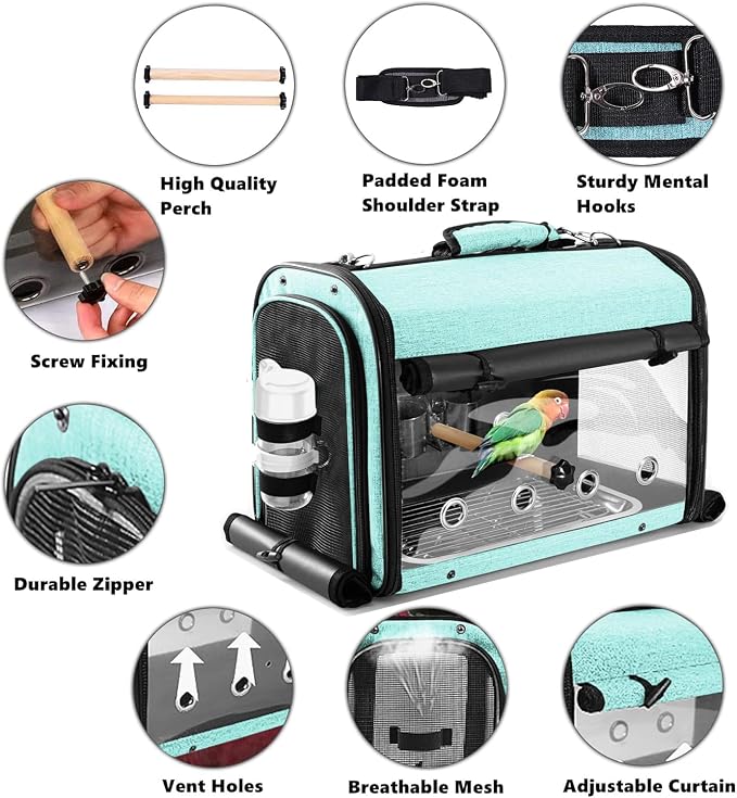 Bird Carrier Bag with Stand, Lightweight Backpack for Parrot, Portable Cockatiel Travel Cage with Accessories, Pet Transparent Breathable Carrier, Green - Image 2