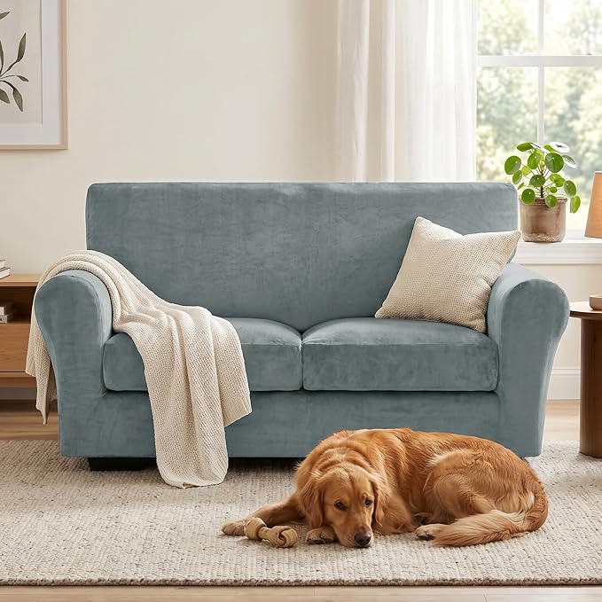 XINEAGE 3-Piece Velvet Loveseat Sofa Cover, Couch Covers for Dog,Light Gray | 2 Cushion Loveseat,Stretch Non-slip Elastic, Pet-friendly, Washable, Fast Setup, Soft Plush Fabric, Furniture Protector. - Image 4