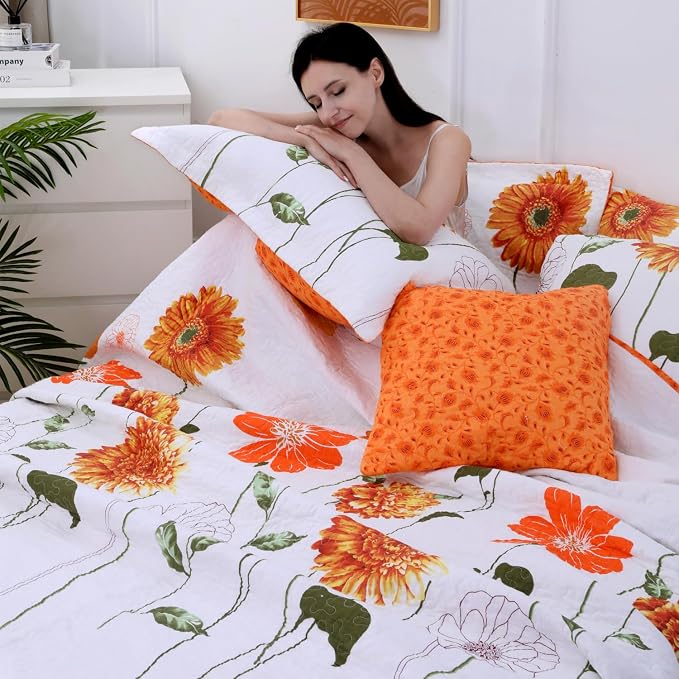 EVENHUG 100% Cotton Quilt King Size Orange Sunflower Bedding Set Floral Lightweight Quilt Reversible Coverlet Bedspread with 2 Pillow Shams All Seasons 3 Pieces (106”X96”) - Image 3