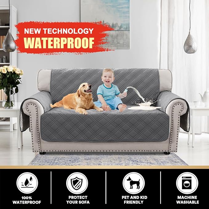 PrinceDeco 100% Waterproof Loveseat Covers for 2 Cushion Couch Sofa Covers Waterproof and Washable Sofa Slipcover with Side Pocket Furniture Protector with Elastic Straps(Loveseat 48", Grey) - Image 2