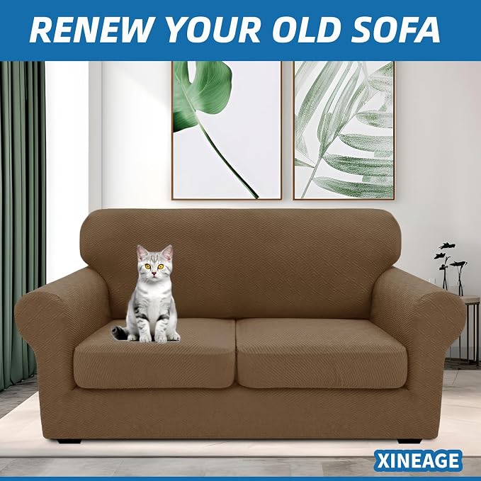 XINEAGE New 3 Pieces Couch Covers for 2 Cushion Sofa Super Stretch Loveseat Slipcover Pet Dog Universal Slip Cover Anti Slip Love Seat Furniture Protector (Brown, 55"-69") - Image 4