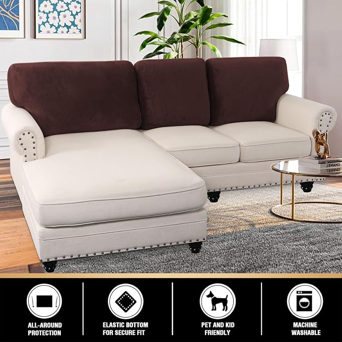 PrinceDeco Sectional Couch Covers Velvet Cushion Covers for Sectional Couch Cushion Covers for Sectional Sofa Separate Sectional Sofa Slipcovers Washable(1 Chaise Back+ 2 Sofa Back,Brown) - Image 2