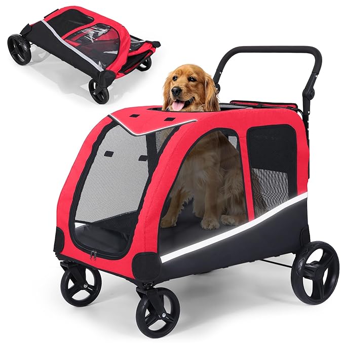 Stroller for Large Dogs, Extra Large Pet Stroller for Medium 2 Dogs, Dog Wagon, Dog Carriage, Foldable Design, Adjustable Handle, with Pocket, Up to 160 lbs, Red