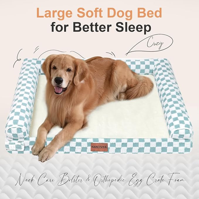 NANUYA Orthopedic Dog Bed for Large Dogs, 38 x 25 Inch, Green Grid | Egg crate foam for joint support, 3-sided bolster pet sofa, waterproof lining, washable cover, and non-skid base - Image 2