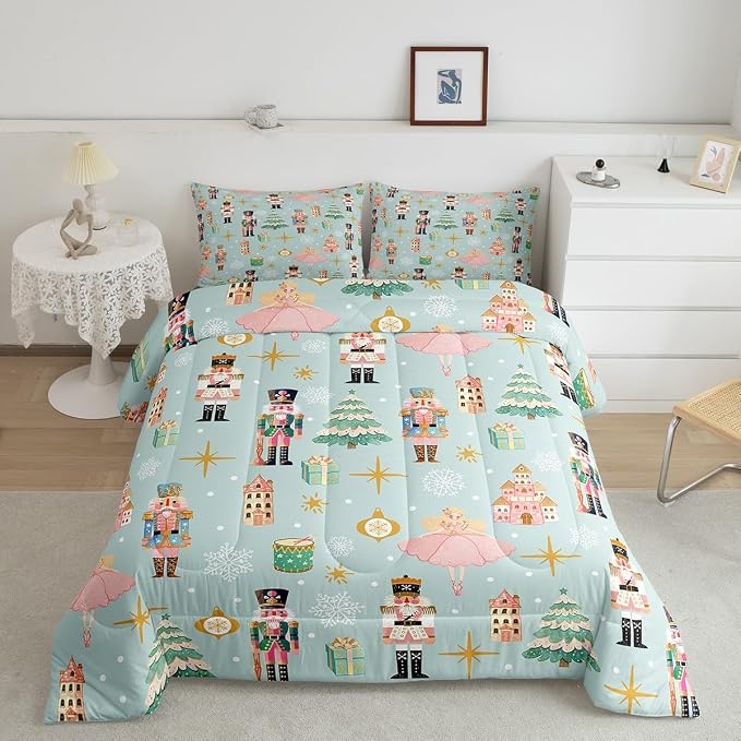 Erosebridal 7Pcs Green Christmas Comforter Set King,Xmas Tree Nutcracker Bedding Set,Pink Princess Bed in A Bag for Girls Women,Winter Xmas Holiday Christmas Ornaments Quilt with Flat Fitted Sheet - Image 2