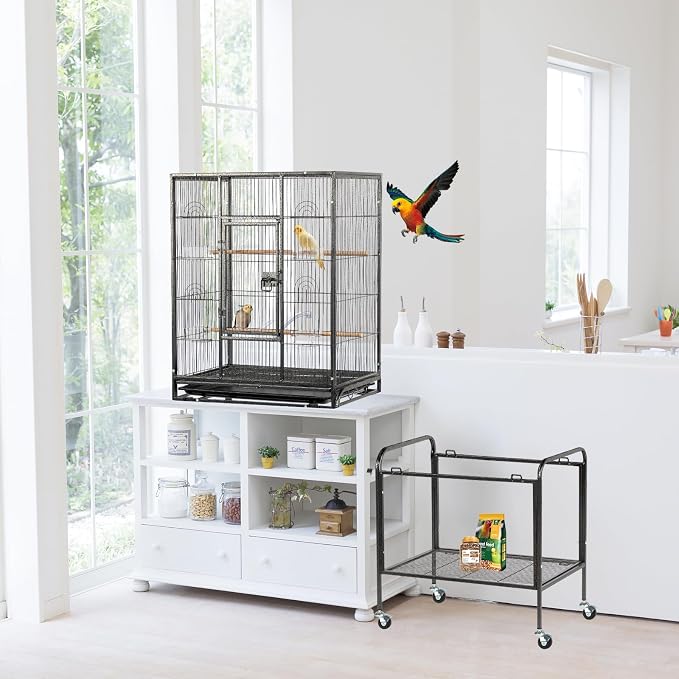 VINGLI 53-inch Bird Cage with Wheels, Durable Wrought Iron Parakeet Cage with Slide Out Tray, Black Bird Cages for Parakeets/Lovebird/Cockatiels/Budgies and Other Small/Medium Birds (Black, 53 inch) - Image 7