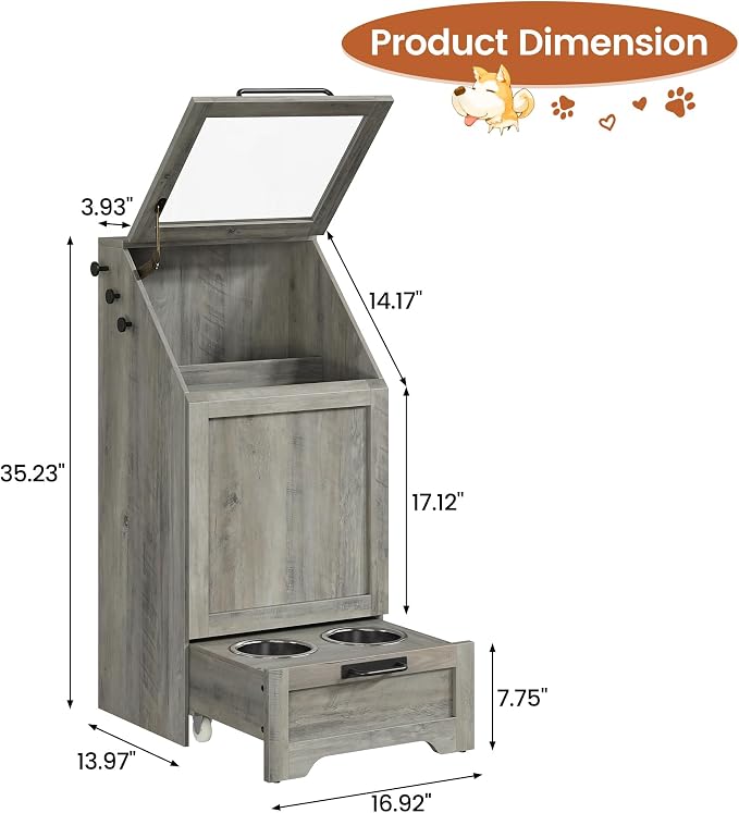 Dog Feeding Station with 2 Elevated Dog Bowls, Pet Feeding Station,Flip Top Pet Food Cabinet,Pet Food Container,Pet Toy Storage Organizer,Modern Storage Organizer,Grey - Image 8