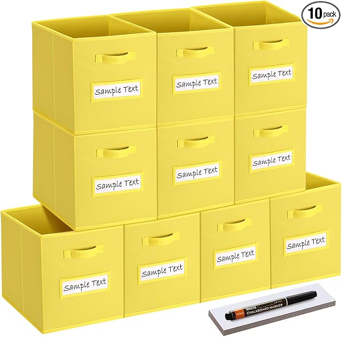13x13 storage cube bins (Set of 10) Foldable Fabric storage cubes with 10 Labels Window Cards & a Pen,13 inch cube storage bins,Closet Organizers for Shelves,Cubby Organizer Boxes,Dark Yellow by Artsdi