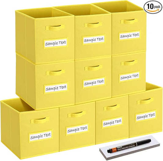 13x13 storage cube bins (Set of 10) Foldable Fabric storage cubes with 10 Labels Window Cards & a Pen,13 inch cube storage bins,Closet Organizers for Shelves,Cubby Organizer Boxes,Dark Yellow by Artsdi