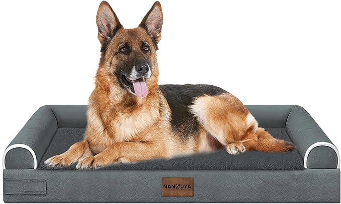 NANUYA Orthopedic Dog Bed for Jumbo Dogs, 48 x 33 Inch, Dark Grey | Egg crate foam for joint support, 3-sided bolster pet sofa, waterproof lining, washable cover, and non-skid base by Nanuya
