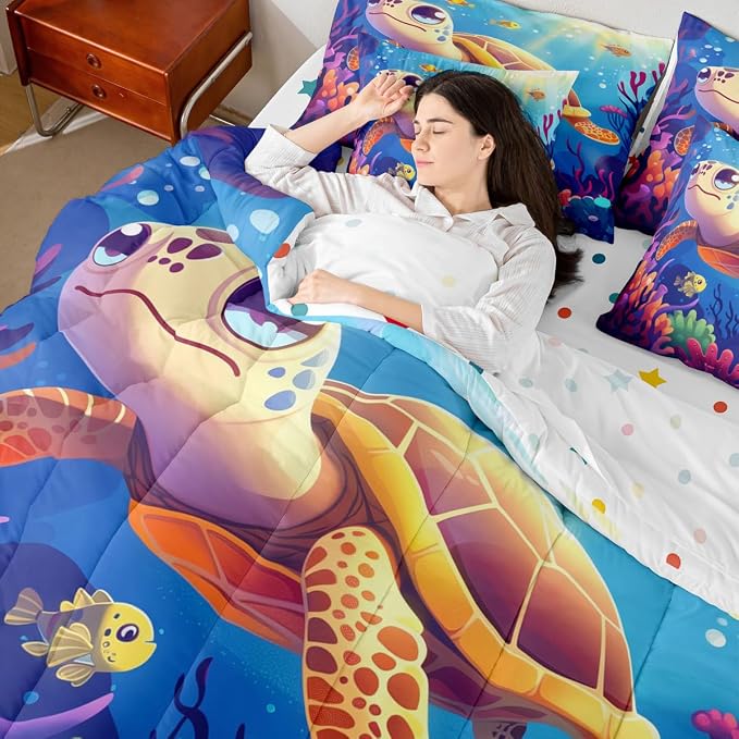 Erosebridal Turtle King Size Comforter Set with Sheets, Marine Life Bed in A Bag for Kids Teens Youth Adults Bedroom, Underwater World Sea Animal 7 Pcs Bedding Set, Colourful Coral Bed Sets - Image 7