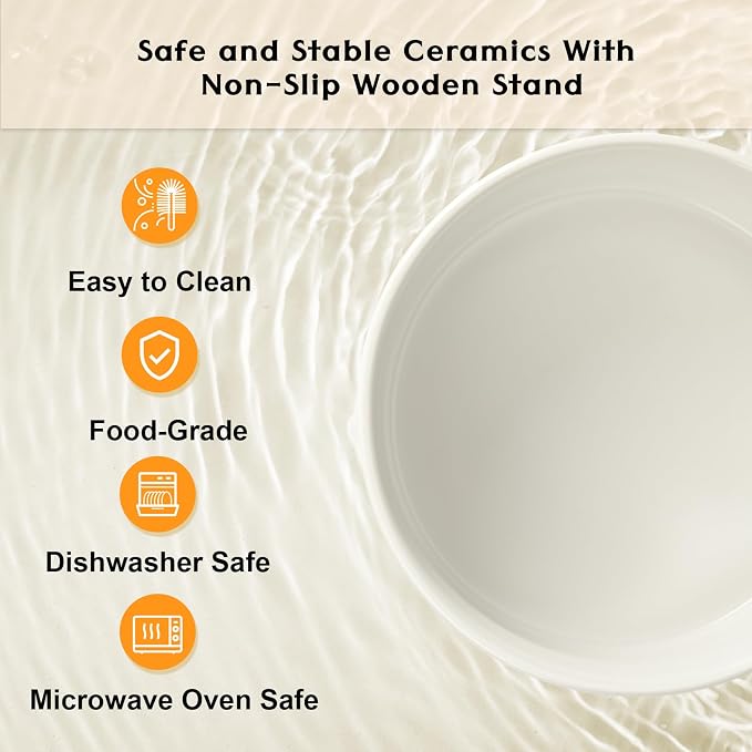 SPUNKYJUNKY Ceramic Elevated Dog Bowls 2 Pack - 5.1inch Raised Dog Bowls with Non-Slip Wooden Stand for Small Dogs Dishwasher Safe(White,13.5OZ*2) - Image 4