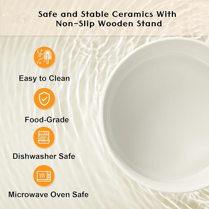 SPUNKYJUNKY Ceramic Elevated Dog Bowls 2 Pack - 8.3inch Raised Dog Bowls with Non-Slip Wooden Stand for Large Dogs Dishwasher Safe(White,60OZ*2) - Image 5