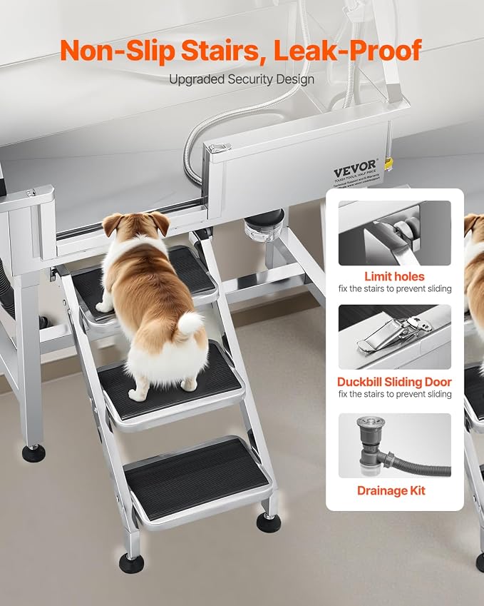 VEVOR Professional Dog Washing Station, 34 Inch Stainless Steel Pet Grooming Tub with Hot Cold Faucet, Adjustable Showerhead, Non-Slip Stairs & Side Sink, for Small to Medium Dogs and Cats (Left Door) - Image 3