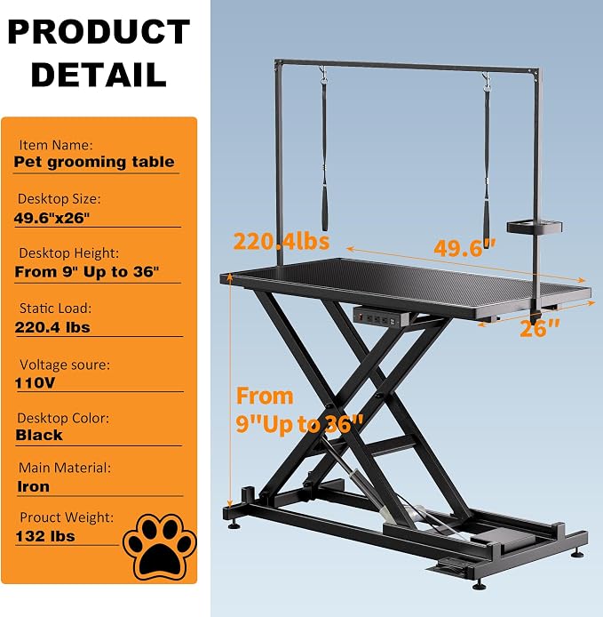 50" Professional Electric Lift Dog Grooming Table Heavy Duty | Dog Grooming Table with Roller, Adjustable Overhead Arm and Tool Organizer for Home & Commercial Use - Image 4