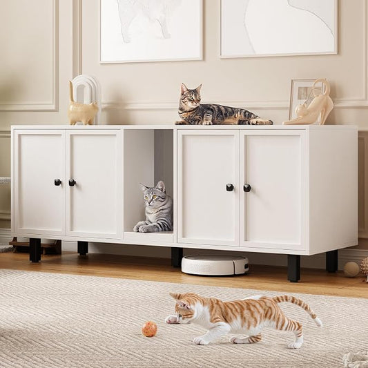 ONBRILL 59 Inches Cat Litter Box Enclosure for 2 Cats, Hidden Litter Boxes Furniture with Cat Scratch Pad, Large Indoor Pet House with Double Room, Wooden TV Stand Side Table, Off White by ONBRILL